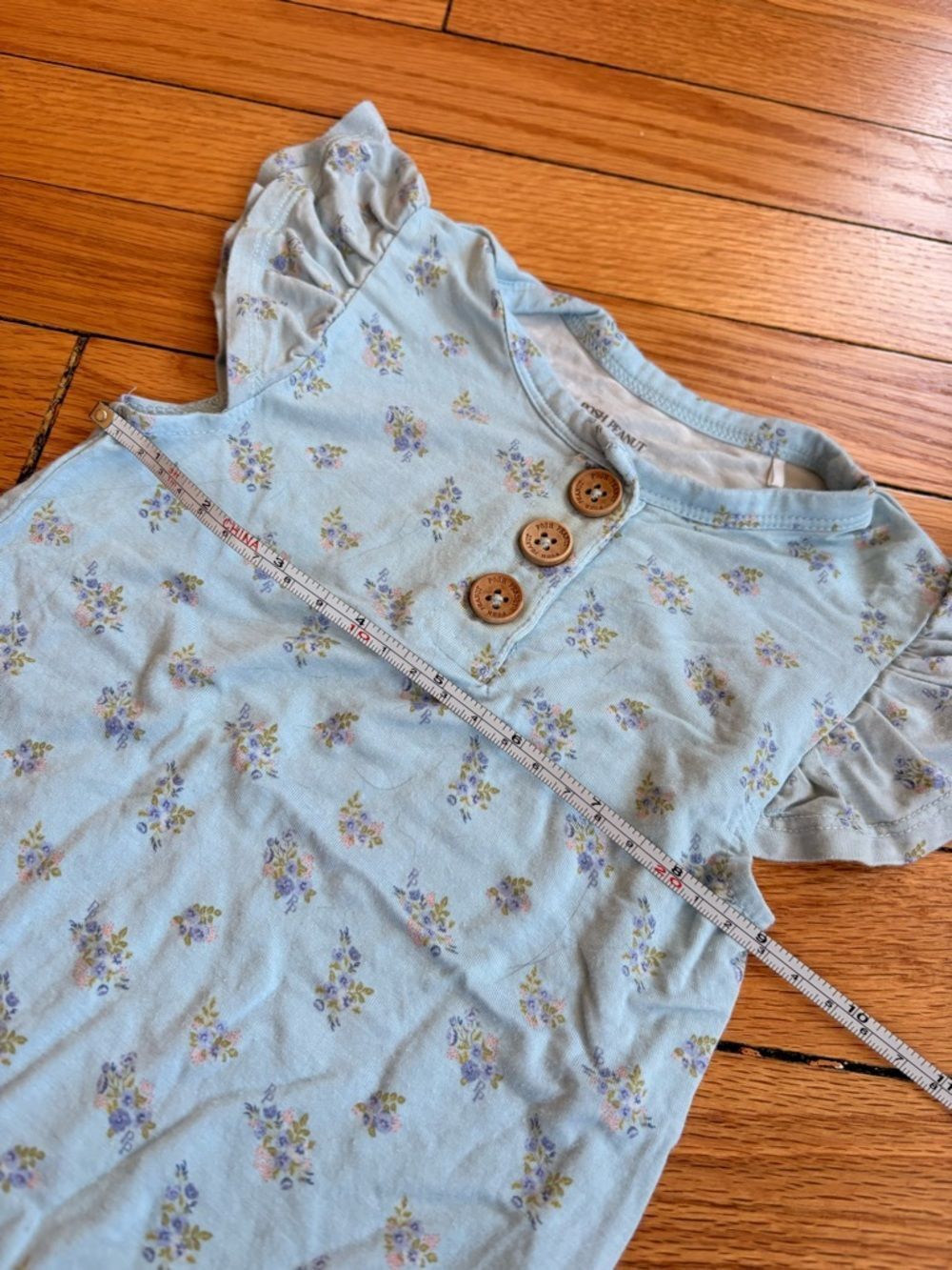 Posh Peanut Kids Light Blue Floral Flutter Sleeve Tee with Wooden Buttons - Picture 3 of 5